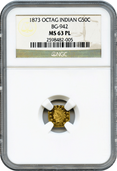 1873 Cal Gold 50c BG-942 Octagonal Large Head Indian NGC MS63PL