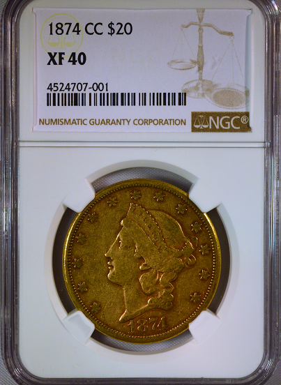 1874-CC $20 Gold Liberty NGC XF40 Double Eagle