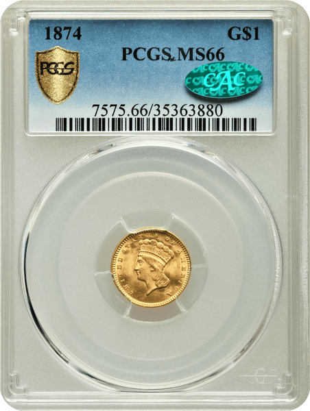 1874 G$1 Indian Princess Dollar PCGS MS66 CAC