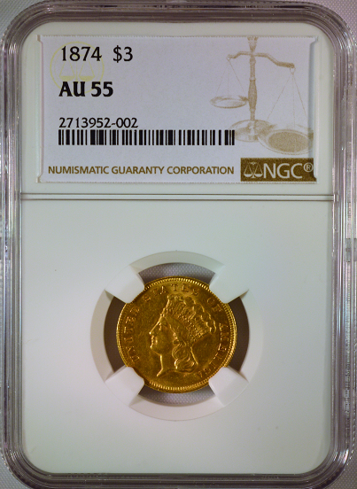 1874 $3 Gold Indian Princess NGC AU55