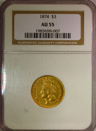 1874 $3.00 Indian Princess NGC AU 55