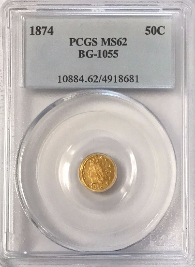 1874 California Gold 50c BG-1055 PCGS MS62 Round Large Head Indian "C.Morigh S.F."