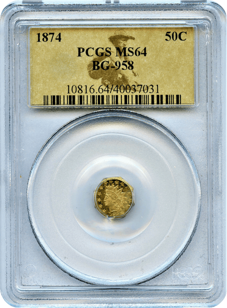 1874 California Fractional Gold 50c BG-958 PCGS MS64 Octagonal Large Head Indian HR6