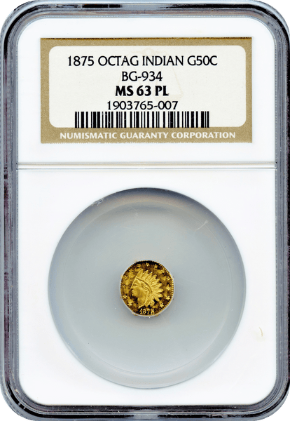1875 California Fractional 50c BG-934 Octagonal Small Headf Indian NGC MS63 PL