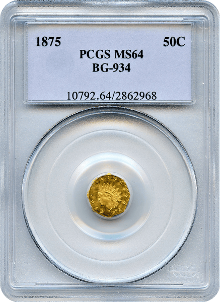 1875 Cal Gold 50c BG-934 Octagonal Small Head Indian PCGS MS64 "Herman J. Brand S.F." "Tied For 2nd Finest"