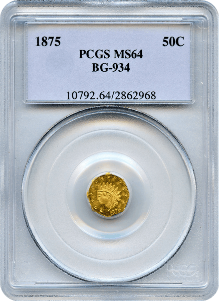 1875 Cal Gold 50c BG-934 Octagonal Small Head Indian PCGS MS64 "Herman J. Brand S.F." "Tied For 2nd Finest"