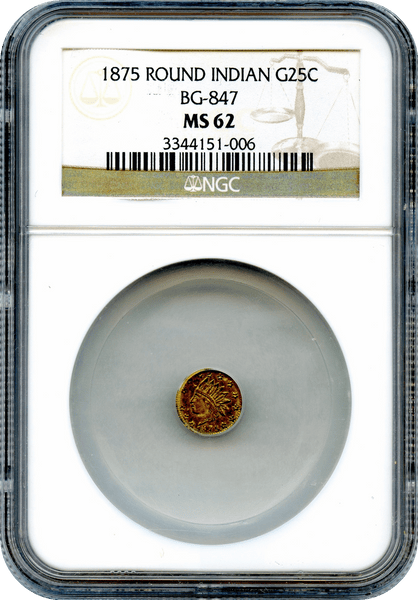 1875 California Fractional 25c BG-847 Round Indian NGC MS62