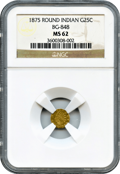 1875 Cal Gold 25c BG-848 Round Small Indian "Herman J. Brand S.F."