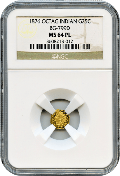 1876 Cal Gold 25c BG-799D Octagonal Large Head Indian NGC MS64PL