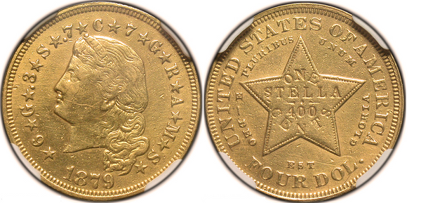 1879 Gold Four Dollar Stella. $4.00 Flowing Hair NGC PFAU Details. Mount Removed