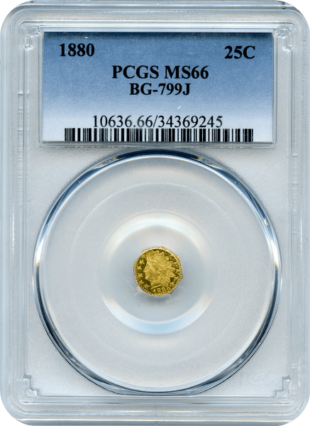 1880 Cal. GOLD 25c BG-799J Octagonal Large Head Indian   C. Mohrig S.F. PCGS MS66