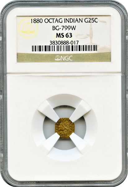 1880 California Gold 25c BG-799W Octagonal Aztec Head NGC MS63. HR6. "Rarest of the Aztec Heads" " F.H. Noble, Assayer"