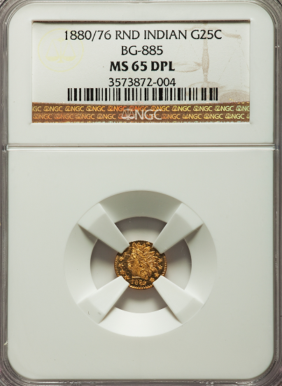 1880/76 Cal Gold 25c BG-885 Round Large Head Indian NGC MS65DPL