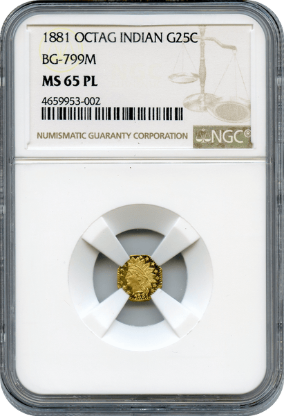 1881 Cal Gold 25c BG-799M  Octagonal Large Head Indian NGC MS65PL  C.Mohrig S.F.