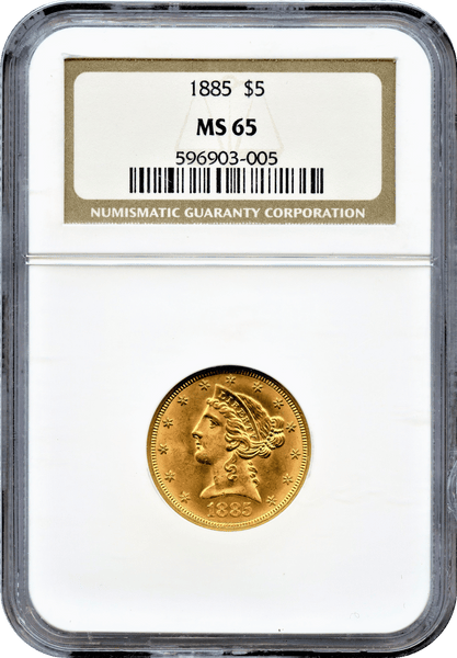 1885 $5 Gold Liberty NGC MS65. "Tied for Second Finest Known" "Extremely rare in Gem (MS65)
