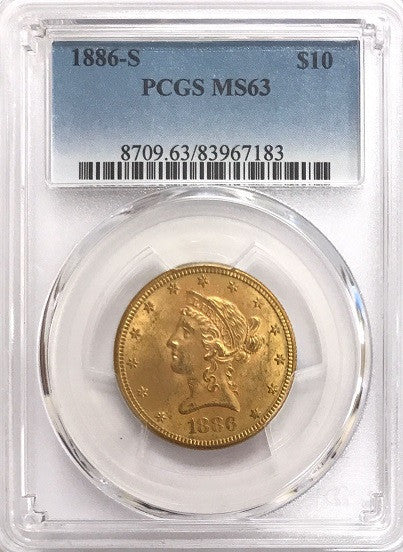 1886-S $10.00 Gold Liberty PCGS MS63 "Semi-Lustrous" "180 Degree Reverse Rotated Die" "S Mint Mark to Left Under Olive Branch on Reverse"