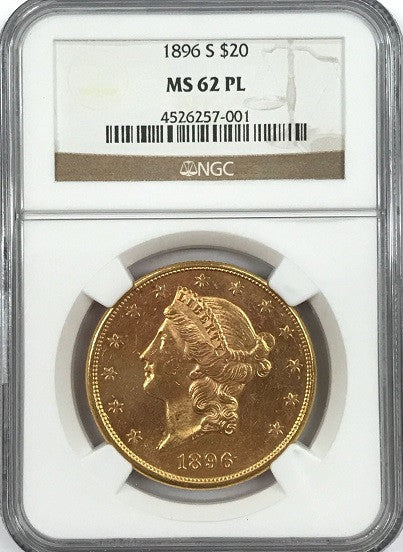 1896-S  $20.00 Gold Liberty NGC MS62PL "Sharp, Blasty, Lustrous" "Only 1 Coin in PL One Grade Higher" "Tied for 2nd Finest Known"