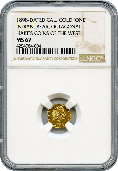1898 California Gold "One" Indian, Bear, Octagonal. Harts Coins of The West. NGC MS67