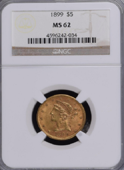 1899 $5.00 Gold Liberty NGC MS62  P.Q.