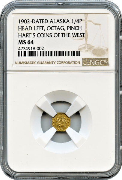 1902 Alaska 1/4 Pinch, Head Left, Harts Coins of the West NGC MS 64