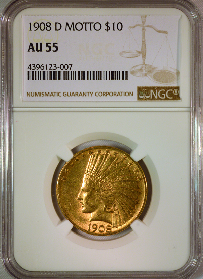 1908-D $10.00 Gold Indian NGC AU55