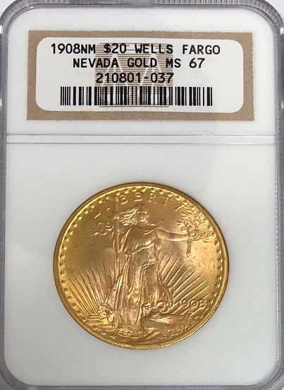1908 $20 St. Gaudens Gold No Motto MS-67 NGC (Wells Fargo)