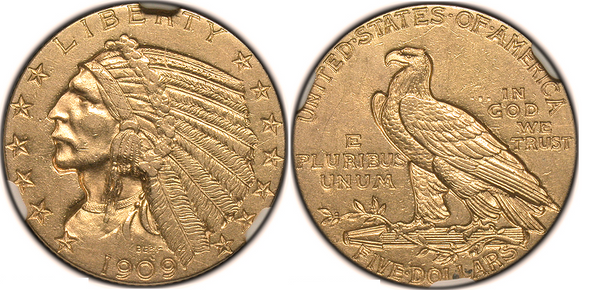 1911-O $5.00 Gold Indian NGC AU55   Low Mintage