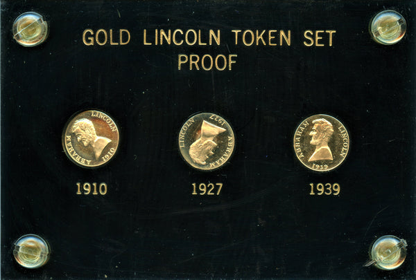 Gold Lincoln Token Mule Set. 1910, 1927,1939 ALL with 1927 Reverse.