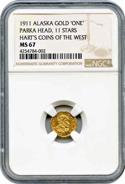 1911 Alaska Gold ONE. Parka Head, 11 Star. Harts Coins of The West NGC MS67