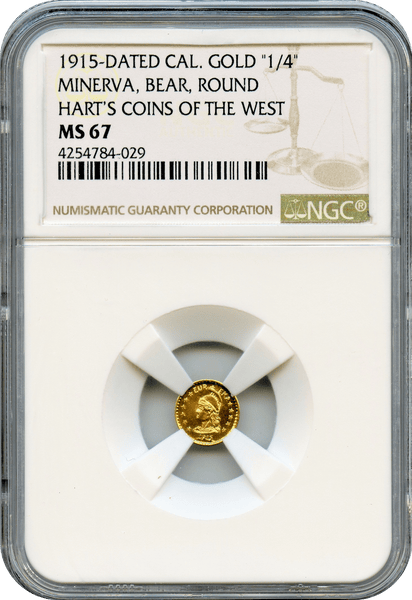 1915 California Gold. Minerva, Bear, Round. "1/4" Harts Coins of the West. NGC MS67