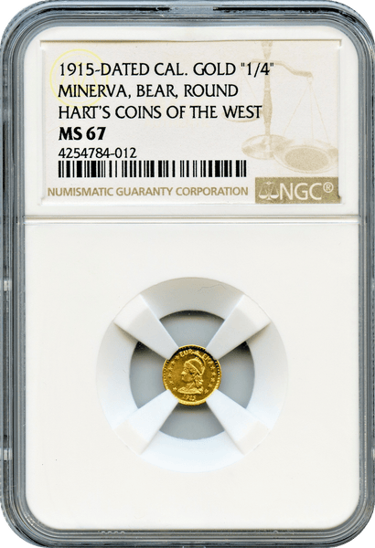 1915 California Gold. Minerva, Bear, Round. 25c Harts Coins of the West. NGC MS67