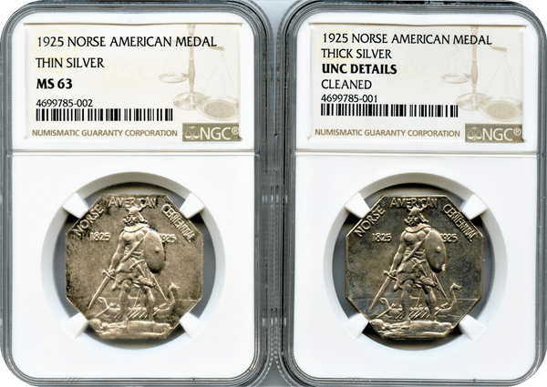 1925 Norse American Medals. Thin NGC MS63 & Thick Unc Details