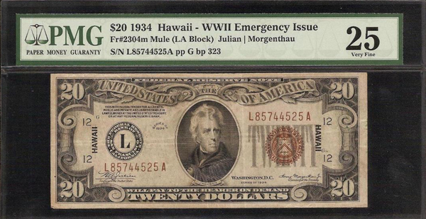 1934 MULE $20 DOLLAR BILL WWII HAWAII BROWN SEAL NOTE CURRENCY Fr 2304m PMG VF