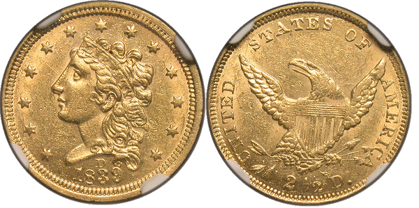 1839-D $2.50 Classic Head NGC MS61 Dahlonega Gold