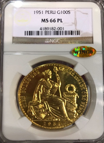 1951 PERU GOLD 100S NGC MS66PL  Pop 1 "WING" Certified