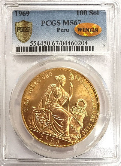 1969 Peru GOLD 100 SOL PCGS MS67 "Finest Known" "Mintage 540" "Over 1.35oz Pure Gold 37mm" "Struck in 22k Gold 3mm Thick" "Wings Certified" (World Identification and Numismatic Grading Service). Over 1.489oz of Total Gold