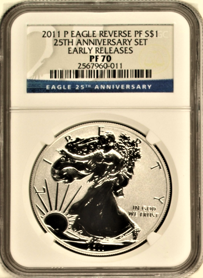 (#147) 2011-P Eagle Reverse PFS$1  25Th Anniversary Set. Early Releases. NGC PF70