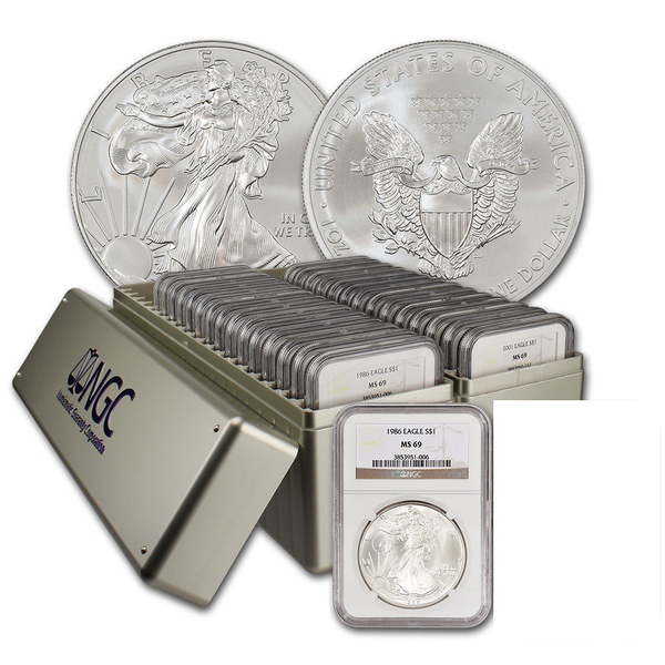 American Silver Eagle S$1 Box. 20 Consecutive years 1986 to 2005. All NGC MS69