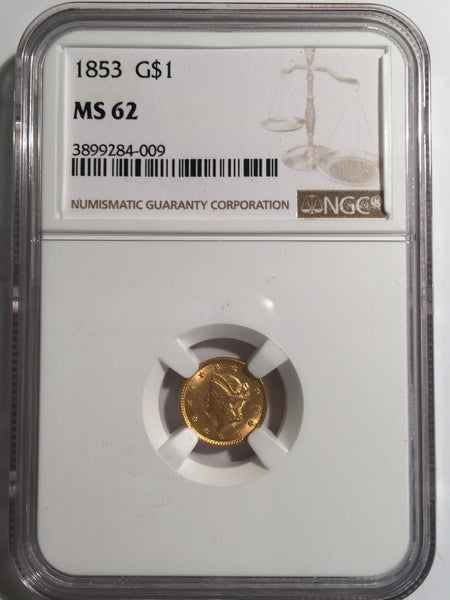 1853 Gold Liberty $1, Type 1 NGC MS 62