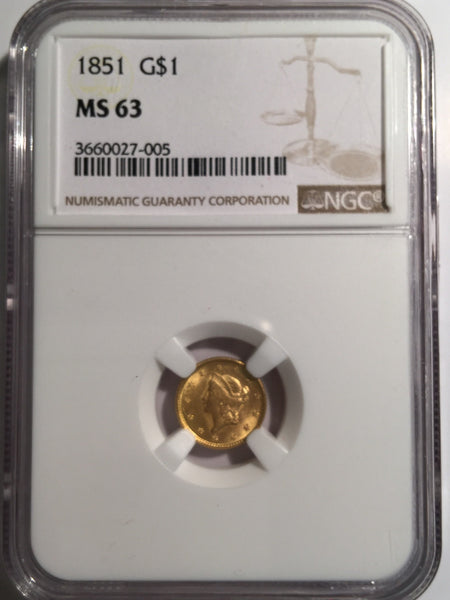1851 Gold Liberty $1, Type 1 NGC MS 63