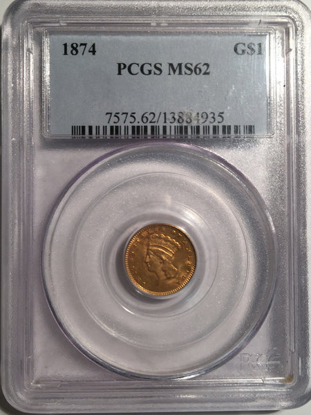 1874 Gold Indian Princes $1, Type 3 PCGS MS 62