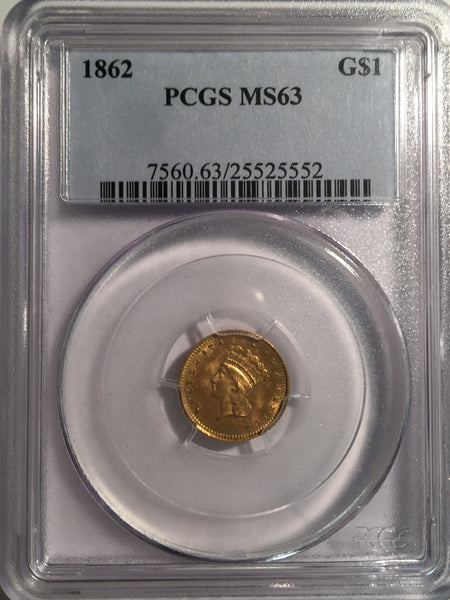 1862 Gold Indian Princess $1, Type 3 PCGS MS 63