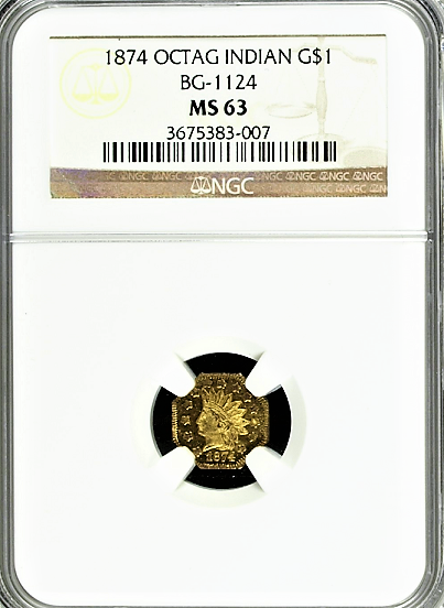1874 California Octagonal Large Head Indian $1.00 NGC MS 63