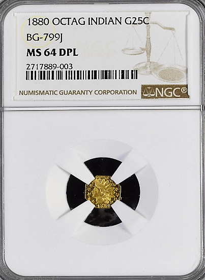 1880 California Fractional GOLD 25c BG-799J NGC MS64 DPL  Octagonal Large Head Indian  "C.Mohrig" San Francisco