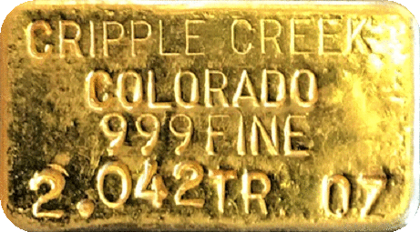 Cripple Creek Colorado Ingot. 999 Fine Gold.  2.042TR OZ