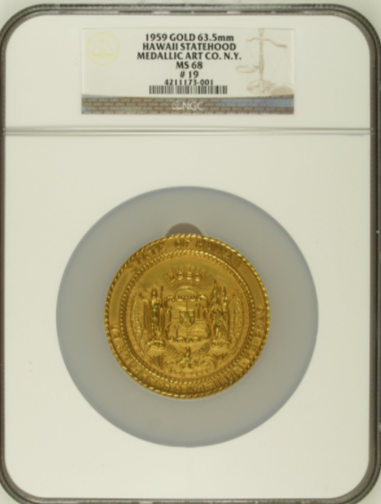 1959 Hawaii Statehood Official Set. Gold NGC MS68, Silver NGC MS66, Bronze NGC MS64