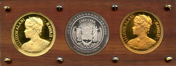 Hawaii Queen Liliuokalani Statehood Dala 3 Piece Set Gold, Silver, Bronze
