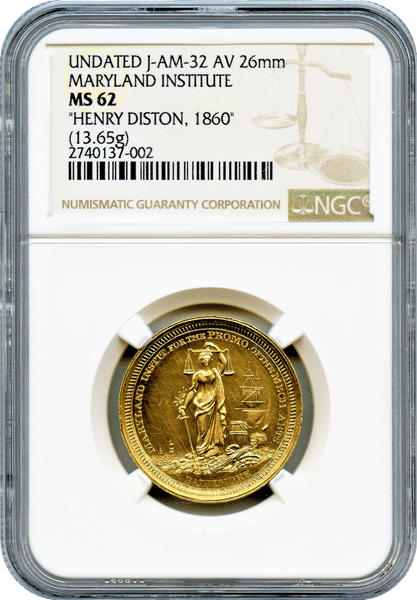 1860 Gold Medal. Henry Disston NGC MS62 "Struck by the U.S. Mint 1000/1000 Pure Gold" Ultra High Relief Obverse. "Rarity 9+  (2 to 5 Known)