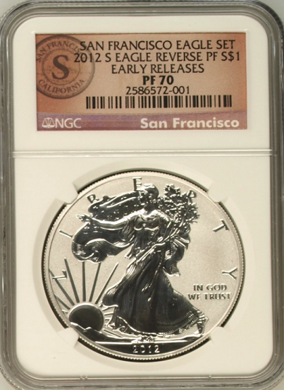 (#148) San Francisco Eagle Set. 2012-S Eagle Reverse PF S$1. Early Releases. NGC PF70