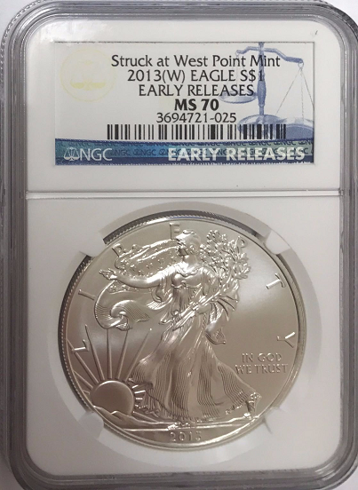 (#220) Struck at the West Point Mint. 2013-W Eagle S$1. Early Releases. NGC MS70 (Incorrect Label - Struck at the Philadelphia Mint)